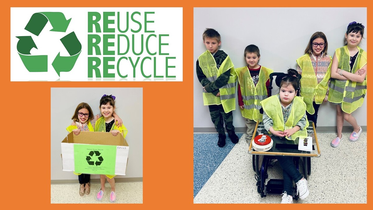 Collage of students wearing yellow jackets and holding recycle box